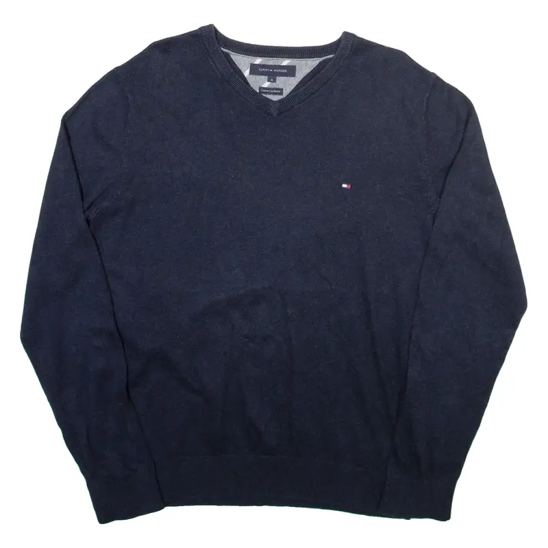 TOMMY HILFIGER Mens Jumper Blue V-Neck Tight Knit Cashmere M