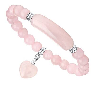 Natural Rose Quartz Curved Rectangle Stretch Braclets with Heart Charm