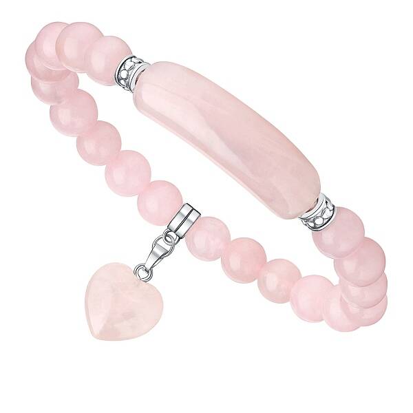 Natural Rose Quartz Curved Rectangle Stretch Braclets with Heart Charm