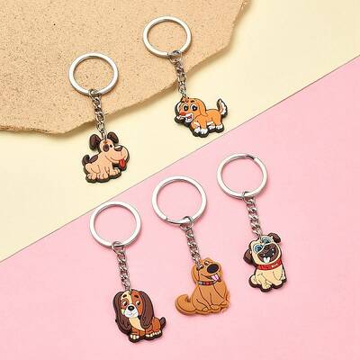 5Pcs 5 Styles Cute Cartoon PVC Plastic Dog Pendant Keychain