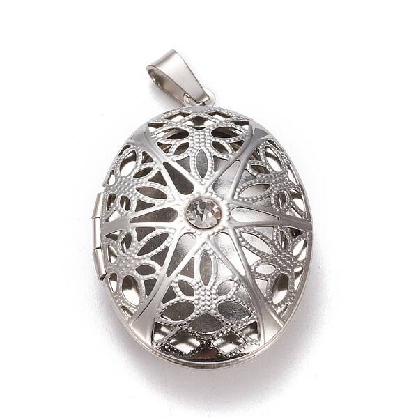 304 Stainless Steel Rhinestone Locket Pendants