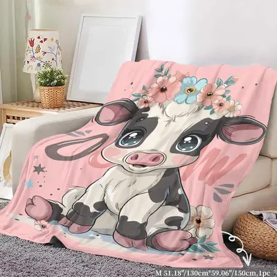 Cartoon Cow Print Flannel Cozy Blanket, Soft Comfortable Warm Napping Throw, Cool Bedroom Sleeping Bedding Supplies for Home ...