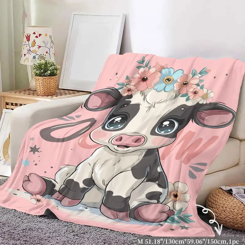 Cartoon Cow Print Flannel Cozy Blanket, Soft Comfortable Warm Napping Throw, Cool Bedroom Sleeping Bedding Supplies for Home ...