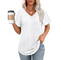 WIHOLL Womens T Shirts V Neck Short Sleeve Casual Tops Loose Fit Basic Tees with Curved Hem