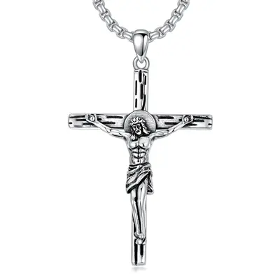 Sterling Silver Cross & Jesus Pendant Necklace for Men