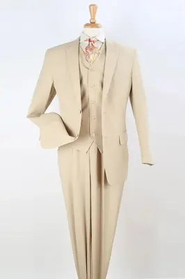 Classic Fit Men's Vested Suit with Two Button Pleated Pant in Tan
