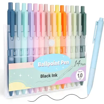 14-Pack Pastel Ballpoint Pens, Medium 1.0mm Black Ink, Retractable - For Smooth Writing and Journaling