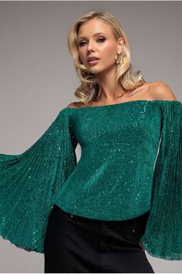 Goddiva Sequin Lurex Bardot Pleated Sleeve Top - Teal Blue
