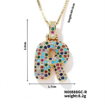 Brass Pave Colorful Cubic Zirconia Letter Pendant Box Chain Necklaces