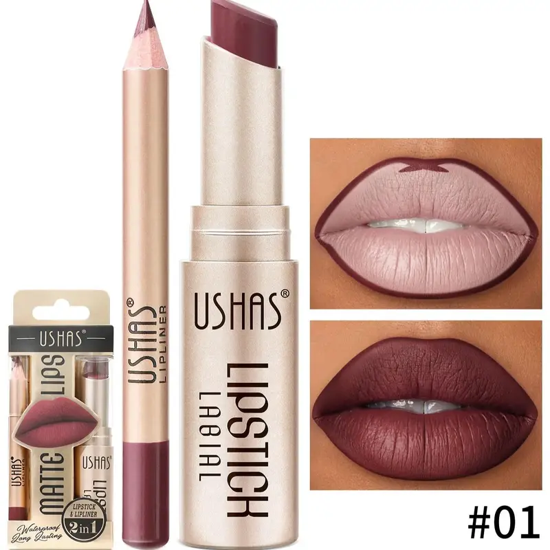 2 in 1 Hydrating Lipcare Lipstick & Lip Liner Makeup Set, 2 Counts/set Not Dry Matte Lipstick & Lipliner, Long Lasting Moistu...