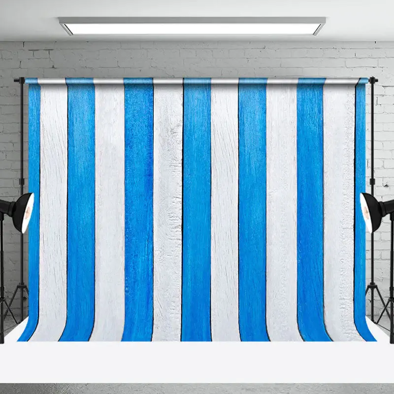 Vintage Blue White Vertical Stripe Wood Backdrop