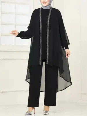 Women's Solid Color Open Front Coat & Long Sleeve Top & Pants Islamic Clothing Set, Modest Three-piece Outfits for Daily Wear...