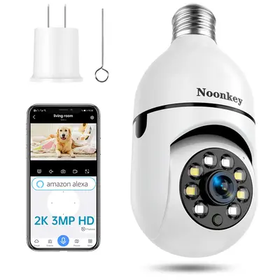 Noonkey 2K/3MP Light Bulb Security Camera 2.4/5Ghz-Indoor/Outdoor Full Color Day/Night Camera, Motion Detection, Sound & Ligh...