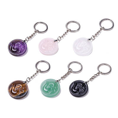Flat Round with Ohm/Aum Natural Gemstone Pendant Keychain