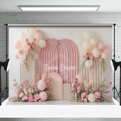White Pink Balloon Floral Spring Cake Smash Backdrop - Aperturee