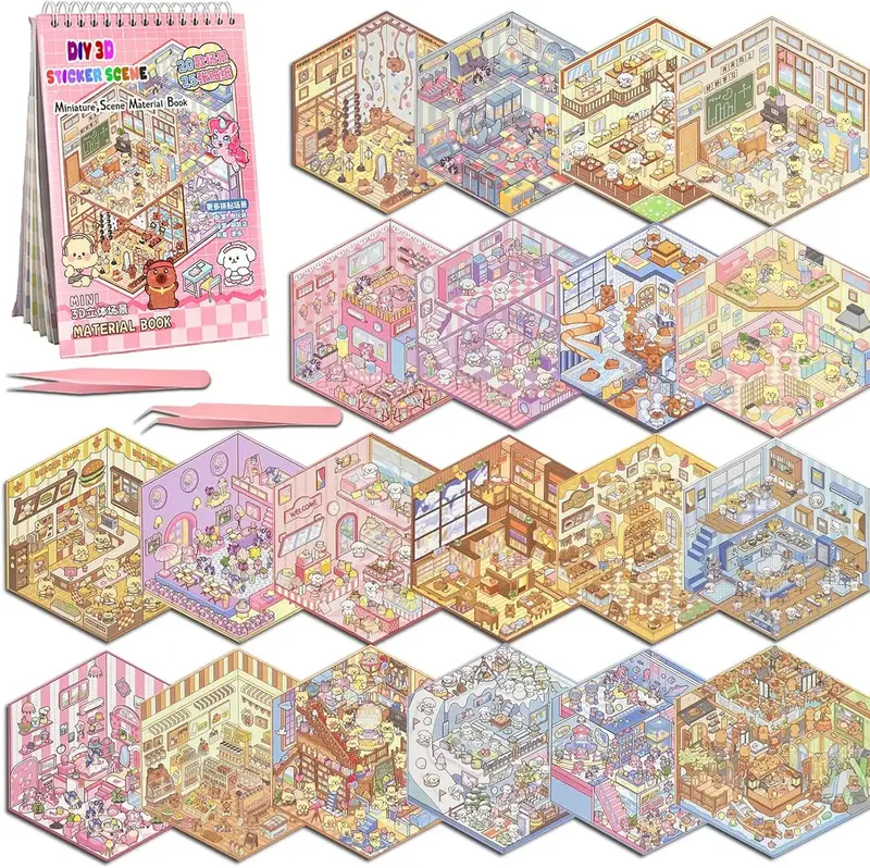 Miniature Scene Dly Sticker Book, 20 Sets DIY 3D Sticker Scene Sticker, Cute Cartoon Creative Sticker,  Make Your Own House S...
