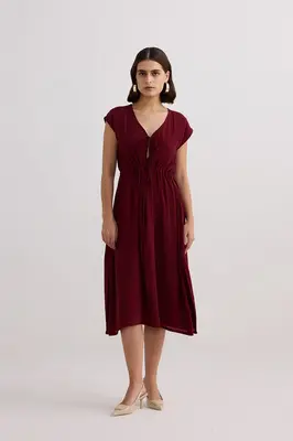 Deep V-neck Gathered Dress in Burgundy | Color: Burgundy | Size: 3XL