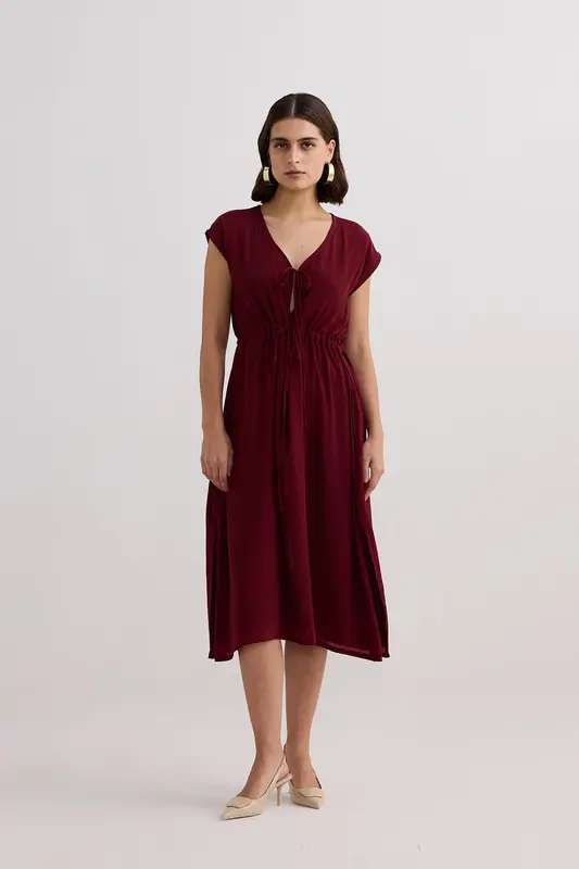 Deep V-neck Gathered Dress in Burgundy | Color: Burgundy | Size: 3XL