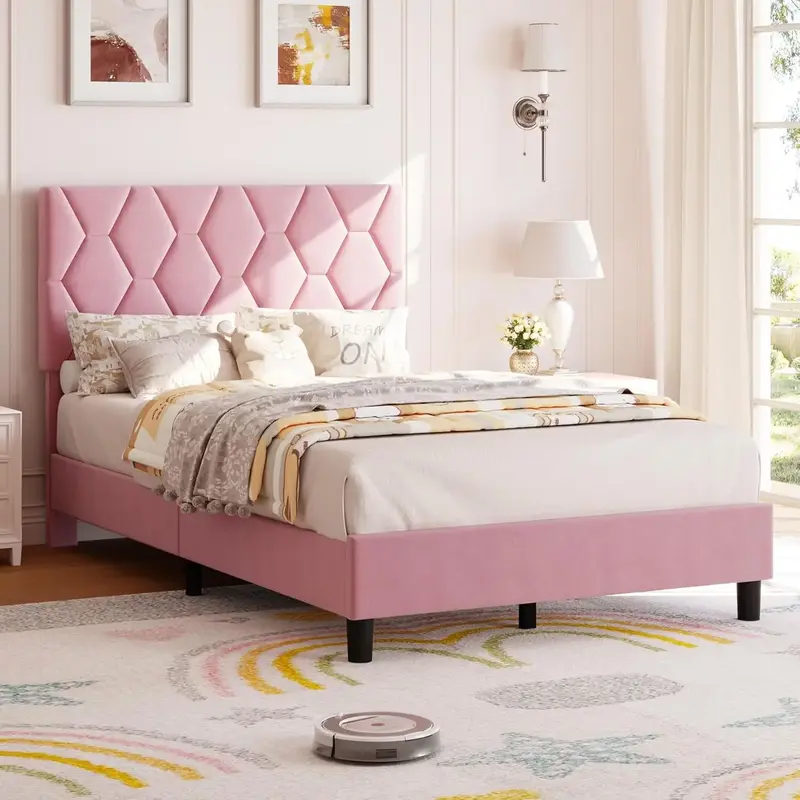 Pink Twin Bed Frame with Upholstered Headboard Heavy-Duty Platform Bed Frame with Strong Wood Slats No Box Spring Needed/Nois...