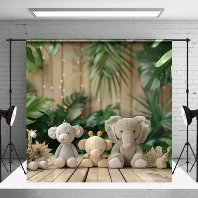 Safari Animals Monstera Forest Wooden Photo Backdrop - Aperturee