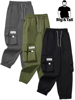 【Plus Size】 Plain Letter Patched Drawstring Waist Cargo Pants, Casual Pocket Trousers for Daily Wear, Men's Bottoms for A...
