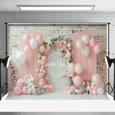 Brick Wall Pink Arch Balloons Cake Smash Backdrop - Aperturee
