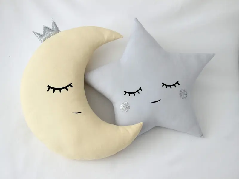 Set of 2 Pillows - Crescent Moon Pillow (5 colors) with Crown and Light Gray Star Pillow