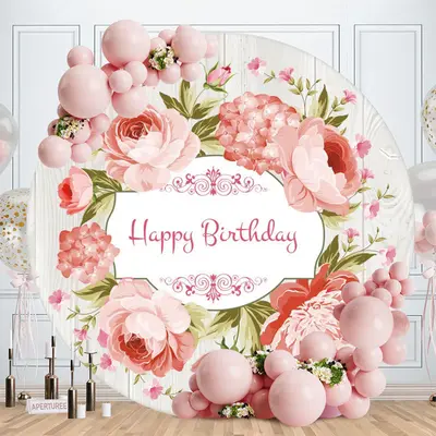 Aperturee Light Pink Floral Round Wood Birthday Backdrop