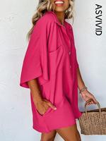 Women's Plain Pocket Button Front Shirt Jumpsuit, Lady Casual Batwing Sleeve Collared Romper for Summer, Minimalist Basic One...