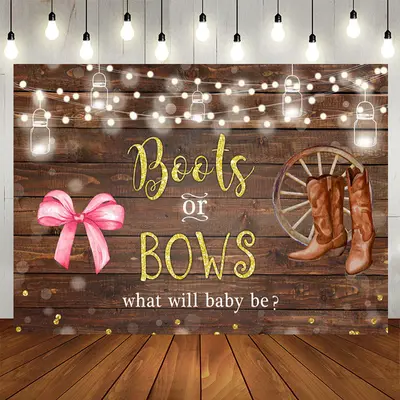 Aperturee Boots Or Bows Lights Wood Backdrop for Baby Shower