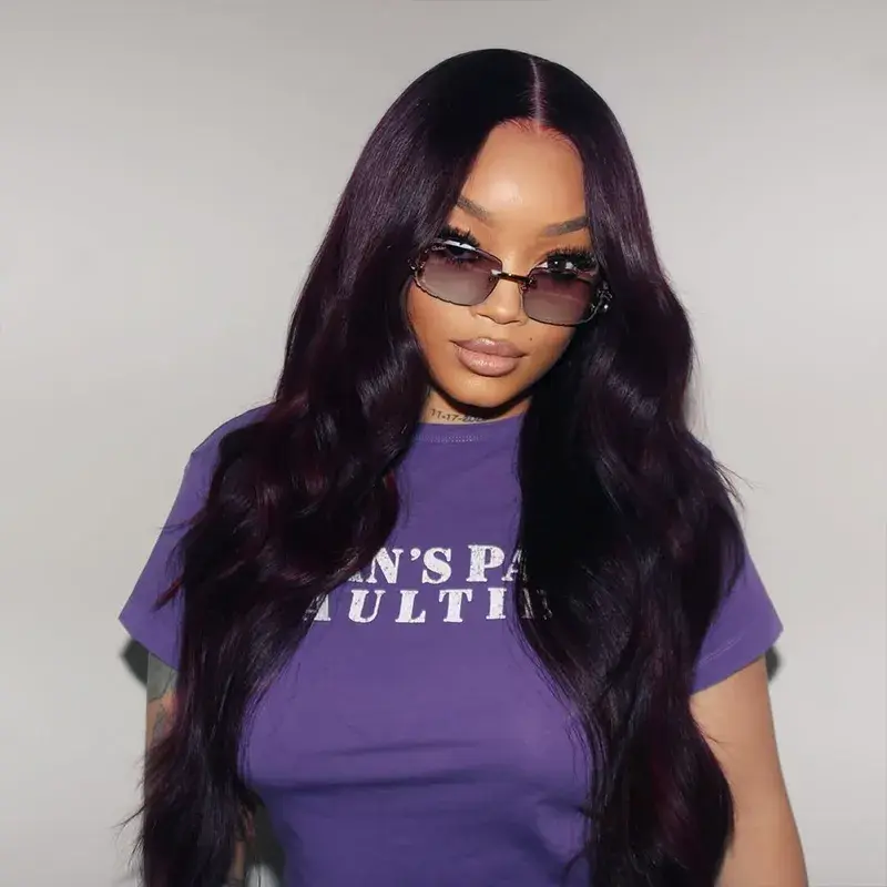 Dark Plum Color 360 Skin Lace Invisi Drawstring Wig Ready & Go Snug Fit Body Wave Human Hair Wigs