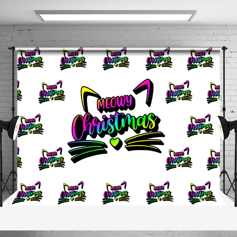 Neon Cat Step And Repeat Meowy Christmas Backdrop - Aperturee