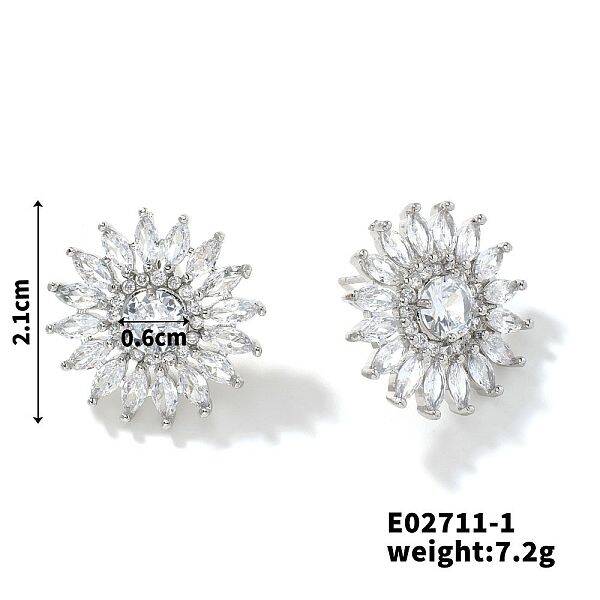 3D Sunflower Copper & Zircon Stud Earrings Fashionable Luxury Japanese Style