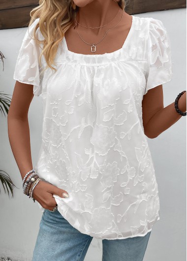 Modlily White Chiffon Short Sleeve Square Neck T Shirt - XXL