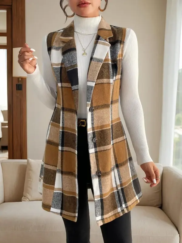 Women's Plaid Print Button Front Lapel Neck Waistcoat Without Sweater, Casual Elegant Outerwear For Fall & Winter, Women's Cl...