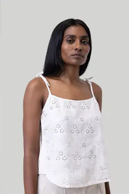 Tie-up Camisole in White Embroidery | Color: Coconut White | Size: L
