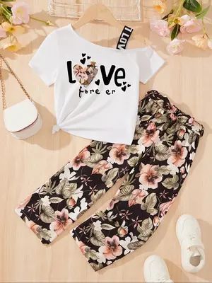 Girl's Letter Print  Tee & Floral Print Wide  Leg Pants Two-piece Set, Casual Fashion Short Sleeve  Top &  Trousers for Daily...
