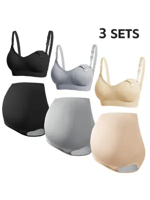 Maternity Solid Color Adjustable Strap Nursing Bra & High Waist Panty, Casual Maternity Underwear Set, Pregnancy Maternity ...