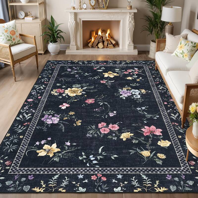 Garvee Floral 5x7 Washable Rugs for Living Room, Modern Bordered Non Slip Bedroom Rugs, Indoor Stain Resistant Large Low Pile...