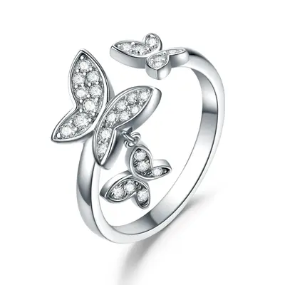 Sterling Silver Round Shaped Cubic Zirconia Butterfly Ring