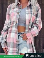 【Plus Size】 Plaid Print Button Front Shirt, Casual Long Sleeve Pocket Collared Top for Fall & Winter, Women's Clothes for...
