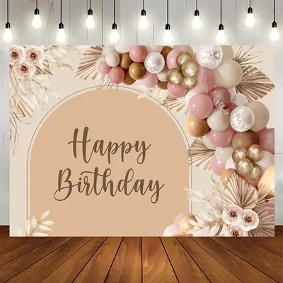 Aperturee Floral Balloon Light Brown Boho Happy Birthday Backdrop