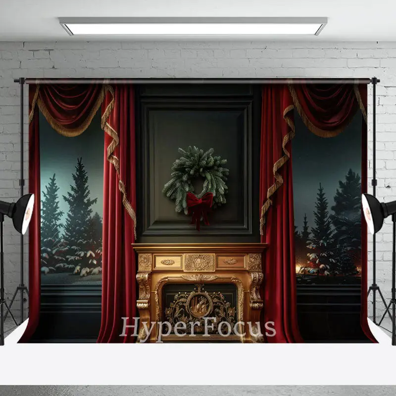 Green Red Gold Curtain Wreath Christmas Backdrop - Aperturee