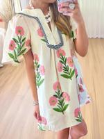 Women's Floral Print Contrast Trim Split Neck Dress, Casual Short Sleeve Mini Dress for Daily Wear, Ladies Clothes for Summer