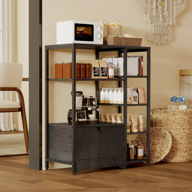 Garvee Bakers Rack with Storage Cabinets, Metal Frame & Solid Wood Shelves, Scratch-Resistant Countertop, Industrial 5-Tier F...