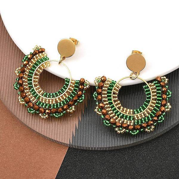304 Stainless Steel & Bohemian Beaded Fan Dangle Stud Earrings for Women