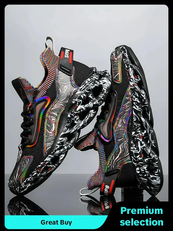 Men's Fashionable Pop Art Print Lace Up Low Top Sneakers, 2024 New Style Casual Sporty Chunky Sneakers, Trendy Mesh Breathabl...