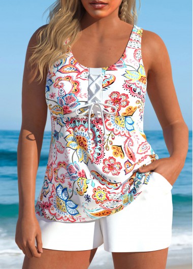 Modlily Lace Up Paisley Print White Tankini Set - S