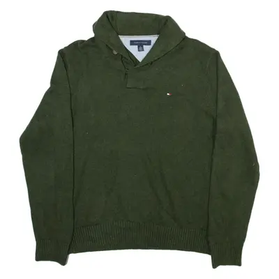 TOMMY HILFIGER Mens Jumper Green Button Neck Tight Knit XL