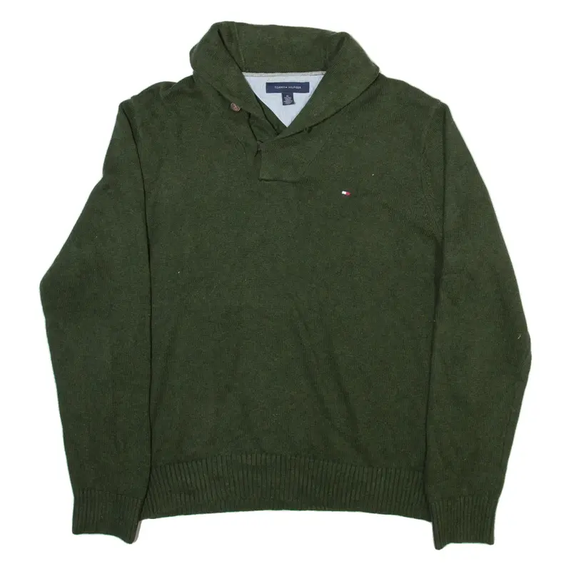 TOMMY HILFIGER Mens Jumper Green Button Neck Tight Knit XL